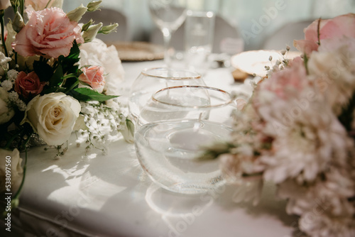 Waiting for guest,table elegance set. Table decoration with flowers.