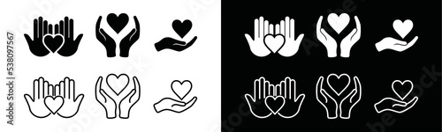 Heart in hand icon vector collection. Line art healthcare hands holding heart sign silhouette. Love, health, medicine, heart, affection symbol illustration. 