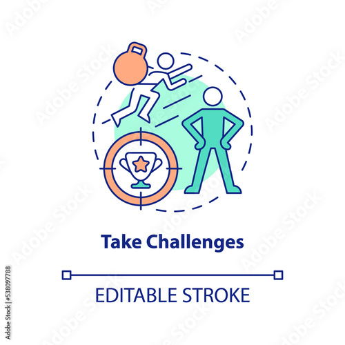 Take challenges concept icon. Achieving goals. Improving self esteem abstract idea thin line illustration. Isolated outline drawing. Editable stroke. Arial, Myriad Pro-Bold fonts used