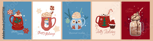 Collection of postcards with winter drinks. Vector graphics.