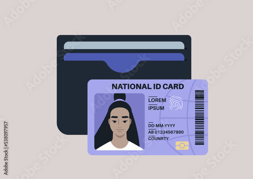 A simple black cardholder with plastic debit and credit cards inside, an National ID with a photo portrait