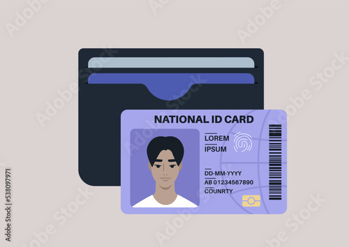 A simple black cardholder with plastic debit and credit cards inside, an National ID with a photo portrait