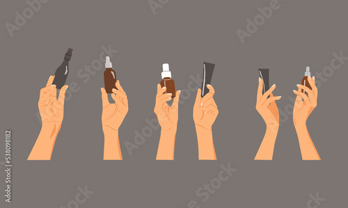 Vector illustration of Woman's hands with different cosmetic products in bottles