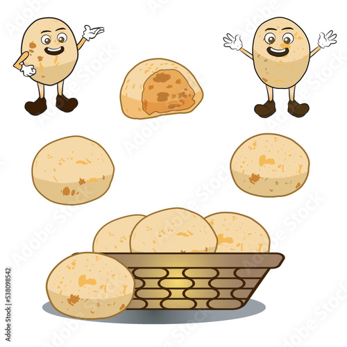  collection of pao de queijo brazilian food illustrations. Includes two mascots, three cheese breads and a basket. Vectors isolated on white background.