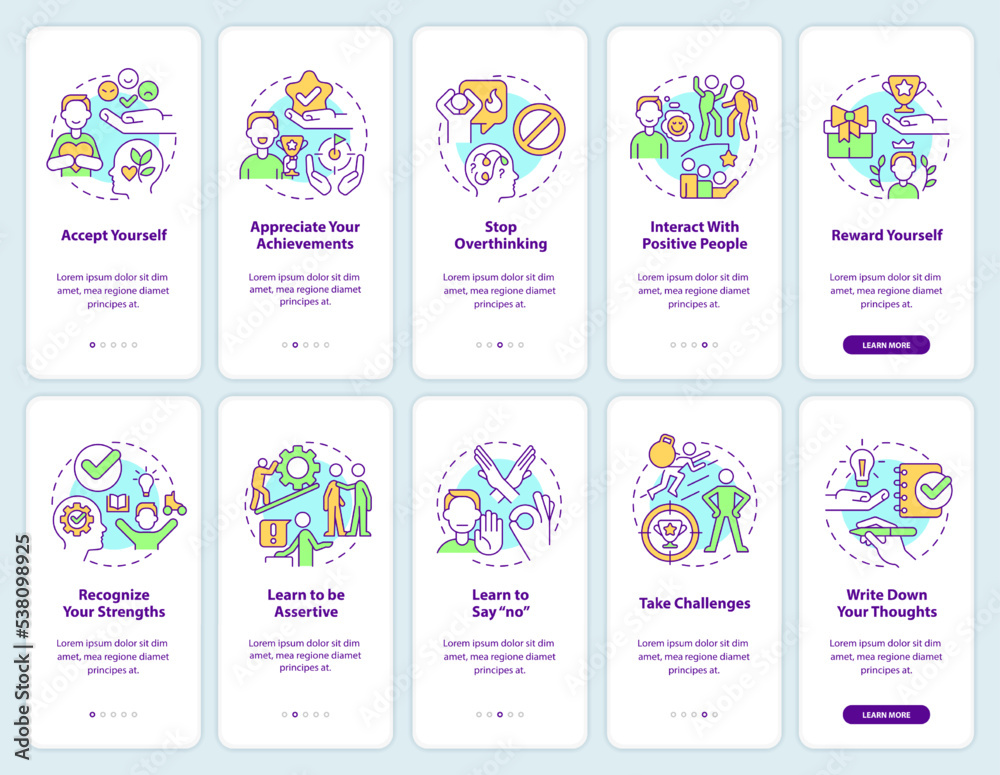 Overcoming lack of confidence onboarding mobile app screen set. Walkthrough 5 steps editable graphic instructions with linear concepts. UI, UX, GUI template. Myriad Pro-Bold, Regular fonts used