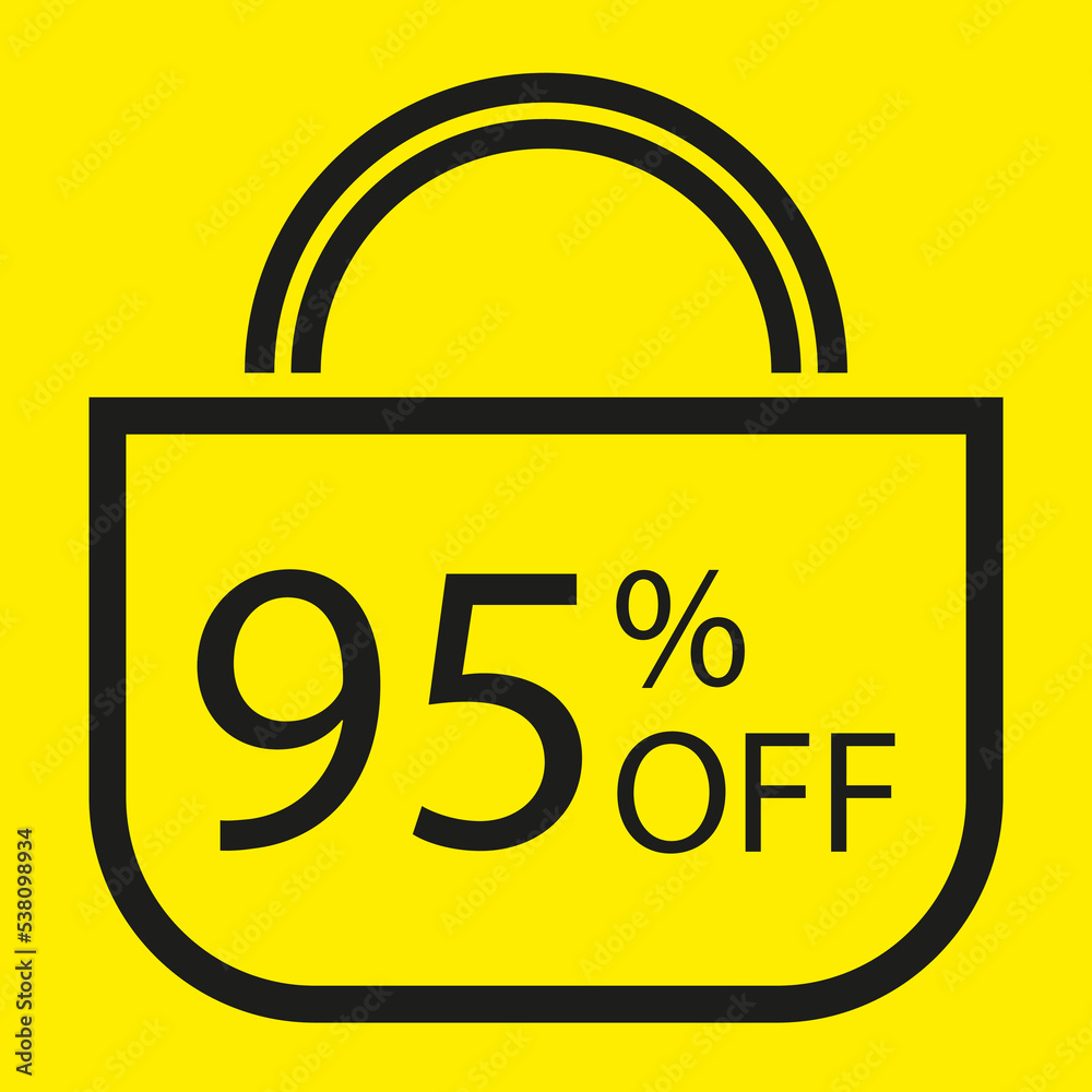 95 percent off. Yellow banner with shopping bag illustration. 95 percent off. Yellow banner with shopping bag illustration.