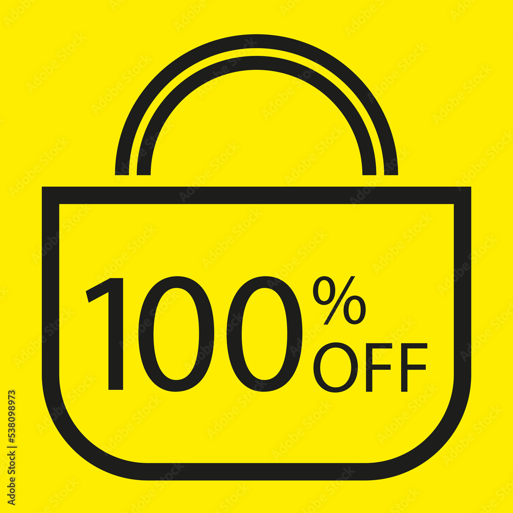 100 percent off. Yellow banner with shopping bag illustration. 100 percent off. Yellow banner with shopping bag illustration.