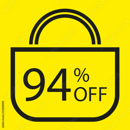 94 percent off. Yellow banner with shopping bag illustration.