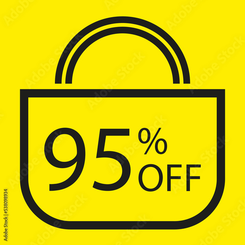 95 percent off. Yellow banner with shopping bag illustration.