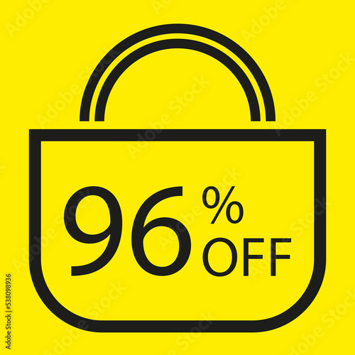 96 percent off. Yellow banner with shopping bag illustration.