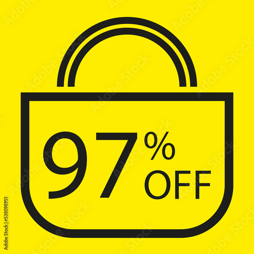 97 percent off. Yellow banner with shopping bag illustration.