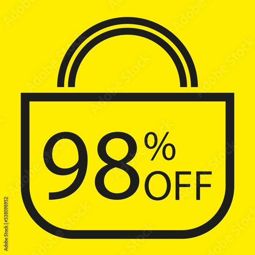98 percent off. Yellow banner with shopping bag illustration.