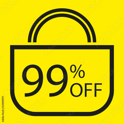 99 percent off. Yellow banner with shopping bag illustration.
