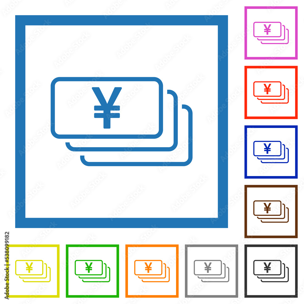 Japanese Yen banknotes outline flat framed icons Japanese Yen banknotes outline flat framed icons