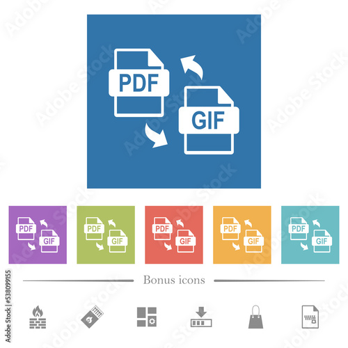 PDF GIF file conversion flat white icons in square backgrounds