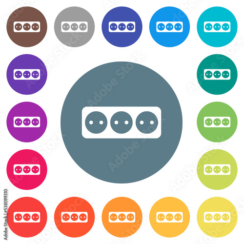 Electrical outlet with three sockets solid flat white icons on round color backgrounds