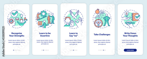 Improving self esteem ways onboarding mobile app screen. Walkthrough 5 steps editable graphic instructions with linear concepts. UI, UX, GUI template. Myriad Pro-Bold, Regular fonts used