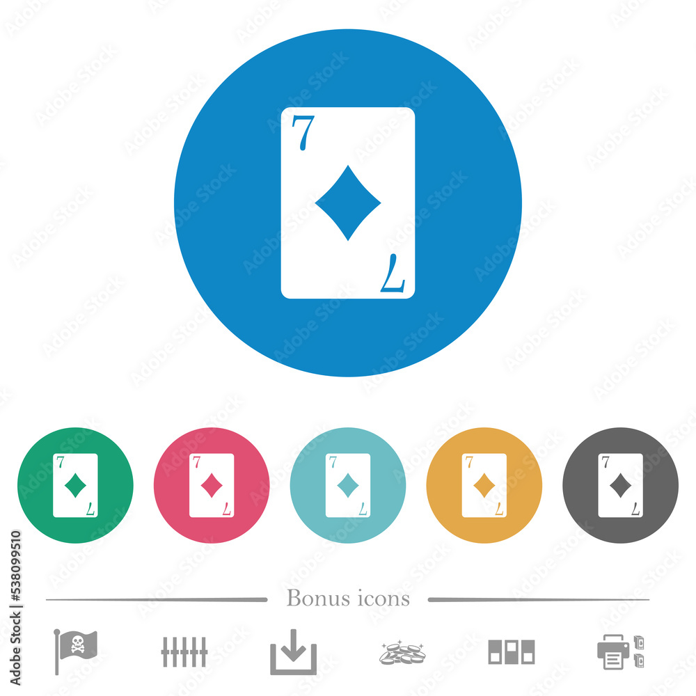 Seven of diamonds card flat round icons
