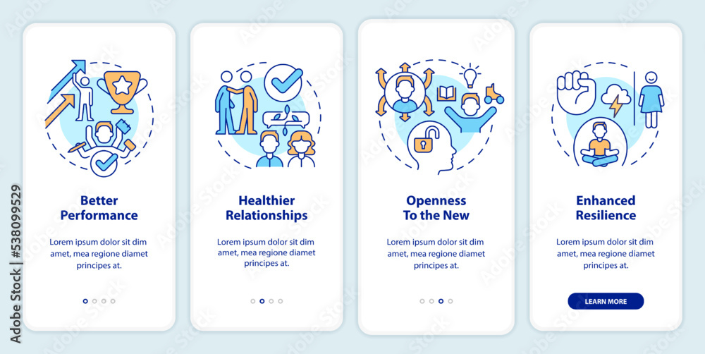 Benefits of confidence onboarding mobile app screen. Positivity walkthrough 4 steps editable graphic instructions with linear concepts. UI, UX, GUI template. Myriad Pro-Bold, Regular fonts used