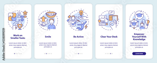 Boost self confidence at work onboarding mobile app screen. Walkthrough 5 steps editable graphic instructions with linear concepts. UI, UX, GUI template. Myriad Pro-Bold, Regular fonts used