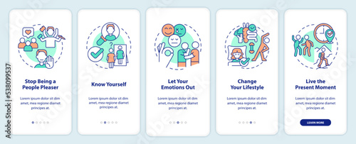 Boost self esteem onboarding mobile app screen. Belief in yourself walkthrough 5 steps editable graphic instructions with linear concepts. UI, UX, GUI template. Myriad Pro-Bold, Regular fonts used