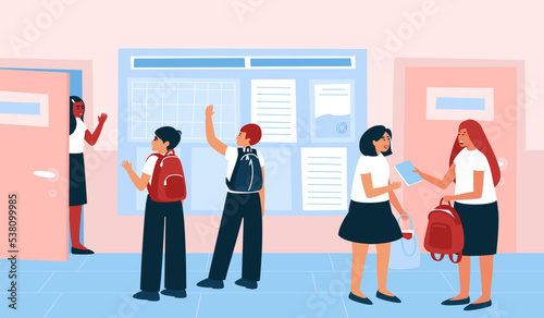 Schoolchildren in the corridor of the school during a break between lessons. Bulletin board in the hallway. The concept of learning. Teenagers with different skin colors. Flat vector illustration.
