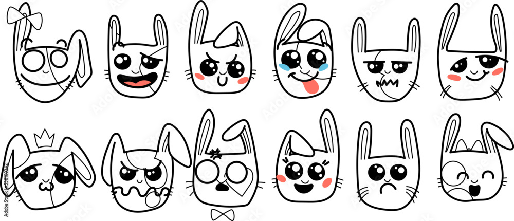 Cute Kawai rabbits. Different expression muzzles bunnies in doodle style. Angry, cheerful, joyful, happy, sick, love, suspicious, playful, laughing kawaii hare Cute Kawai rabbits. Different expression muzzles bunnies in doodle style. Angry, cheerful, joyful, happy, sick, love, suspicious, playful, laughing kawaii hare