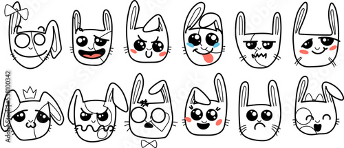 Cute Kawai rabbits. Different expression muzzles bunnies in doodle style. Angry, cheerful, joyful, happy, sick, love, suspicious, playful, laughing kawaii hare