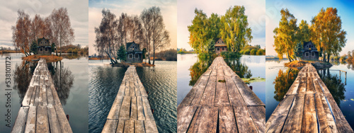 house on a small island. four seasons. a picturesque hut in all seasons. nature of Ukraine © sergnester