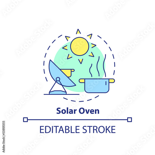 Solar oven concept icon. Renewable sources. Parabolic cooker. Sun energy abstract idea thin line illustration. Isolated outline drawing. Editable stroke. Arial, Myriad Pro-Bold fonts used