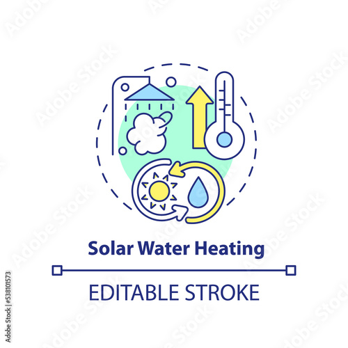 Solar water heating concept icon. Sustainable house. Renewable energy at home abstract idea thin line illustration. Isolated outline drawing. Editable stroke. Arial, Myriad Pro-Bold fonts used