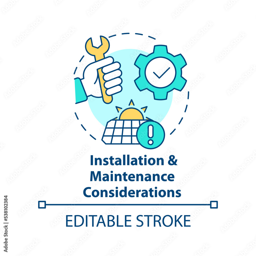 Installation and maintenance considerations concept icon. Home renewable energy abstract idea thin line illustration. Isolated outline drawing. Editable stroke. Arial, Myriad Pro-Bold fonts used Installation and maintenance considerations concept icon. Home renewable energy abstract idea thin line illustration. Isolated outline drawing. Editable stroke. Arial, Myriad Pro-Bold fonts used