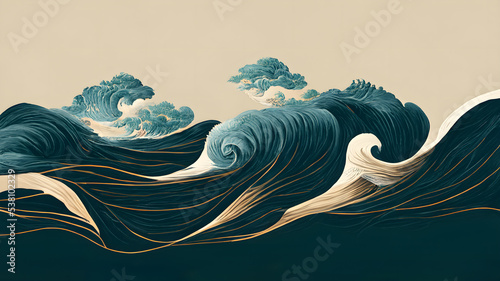 Japanese illustration of great ocean waves as wallpaper. Old texture. 