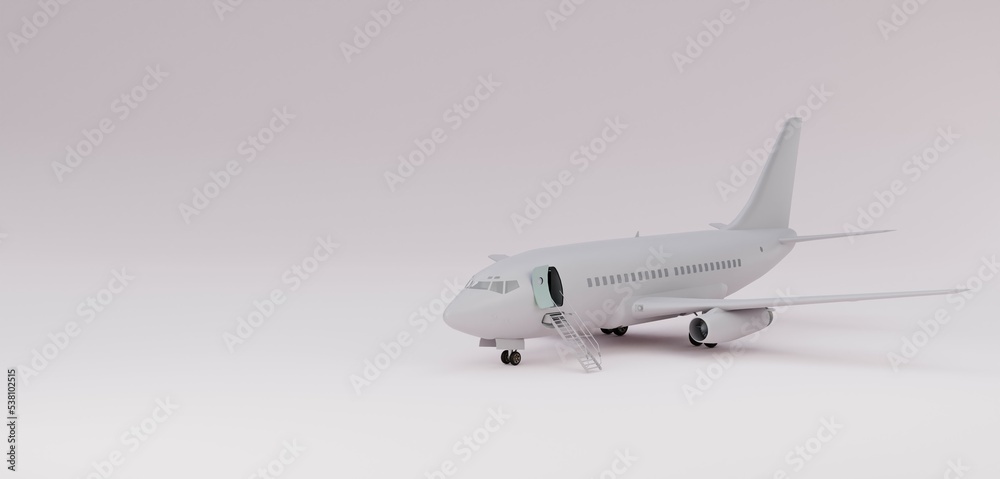 3D illustration, airplane, white background, copy space, 3D rendering.