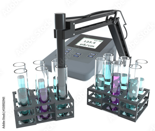 Professional desktop conductivity meter. Electrode measuring blue and magenta colored liquids in test tubes. Analytical laboratory illustration. Isolated on white. 3D render. photo