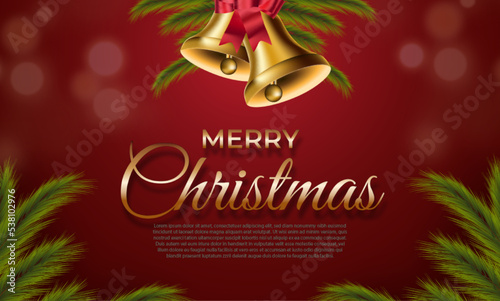 Merry Christmas realistic background with fir twig and two bells
