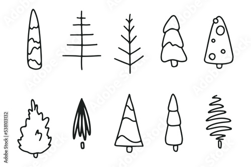 Collection of hand drawn doodle Christmas tree line design. Pine tree Xmas decoration, holiday gifts, decor element. Sketch, silhouette, outline. Great for invitation card, pattern, poster, coloring 