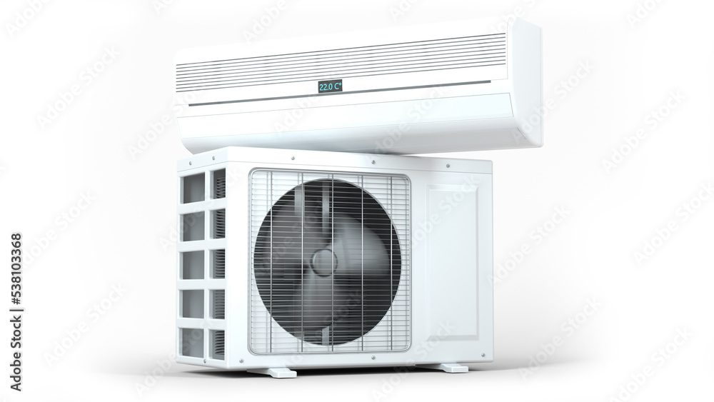 Air conditioner outdoor and indoor unit isolated on white. Turned on operating. In motion. Clipping path included! Original 3D render. Air conditioner outdoor and indoor unit isolated on white. Turned on operating. In motion. Clipping path included! Original 3D render.