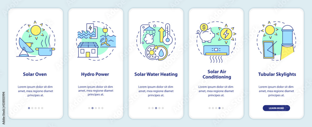 Power home with renewable energy ways onboarding mobile app screen. Walkthrough 5 steps editable graphic instructions with linear concepts. UI, UX, GUI template. Myriad Pro-Bold, Regular fonts used