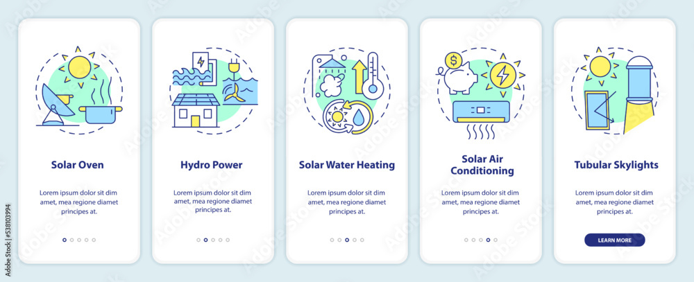 Power home with renewable energy ways onboarding mobile app screen. Walkthrough 5 steps editable graphic instructions with linear concepts. UI, UX, GUI template. Myriad Pro-Bold, Regular fonts used Power home with renewable energy ways onboarding mobile app screen. Walkthrough 5 steps editable graphic instructions with linear concepts. UI, UX, GUI template. Myriad Pro-Bold, Regular fonts used
