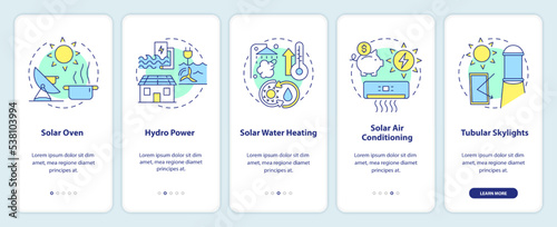 Power home with renewable energy ways onboarding mobile app screen. Walkthrough 5 steps editable graphic instructions with linear concepts. UI, UX, GUI template. Myriad Pro-Bold, Regular fonts used