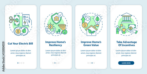 Considering alternative energy reasons onboarding mobile app screen. Walkthrough 4 steps editable graphic instructions with linear concepts. UI, UX, GUI template. Myriad Pro-Bold, Regular fonts used