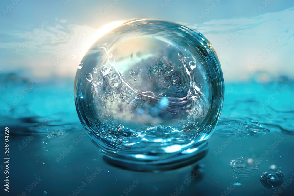 a drop on the surface of the water with glare from the sun and splashes inside a drop on the surface of the water with glare from the sun and splashes inside