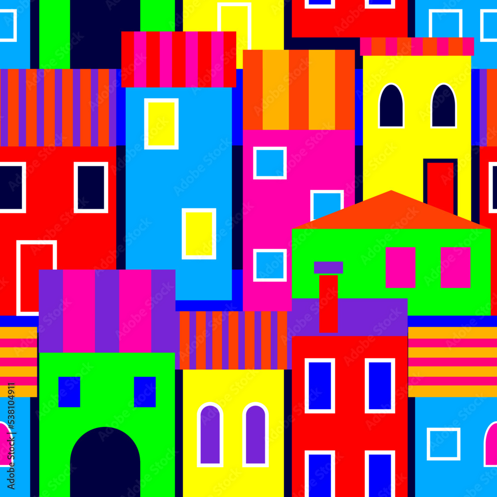 Bright colorful cityscape. Facades of houses. Seamless vector pattern.