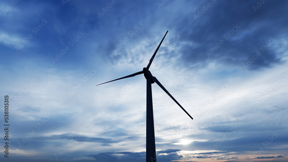 Wind turbine farm with rays of light at sunset. 3d rendering. Wind turbine farm with rays of light at sunset. 3d rendering.