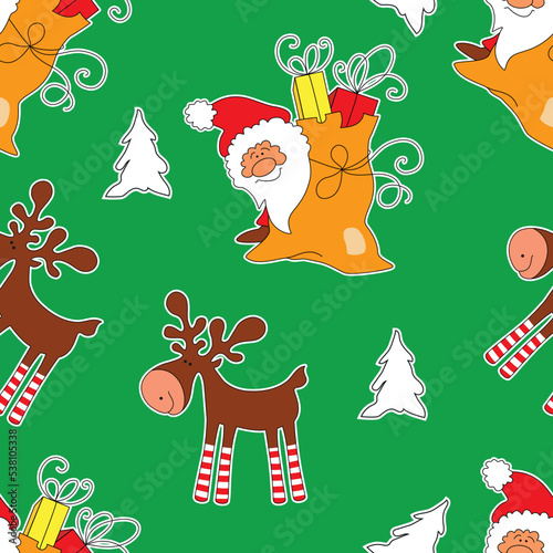 Xmas seamless pattern: Christmas bag, reindeer, Santa Claus and Christmas tree for printing on paper or fabric. Vector illustration.