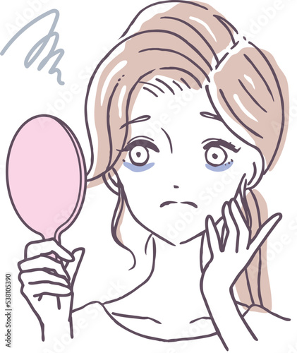 手鏡を見て目のくまに悩む女性　鏡にうつる自分の隈を見る女の人　人物イラスト素材