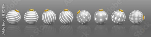 Set of silver Christmas ball decorations, ornaments with various patterns