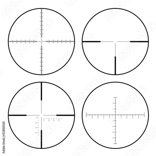 Set of sniper rifle circular sights with reticle or crosshair on white background, vector
