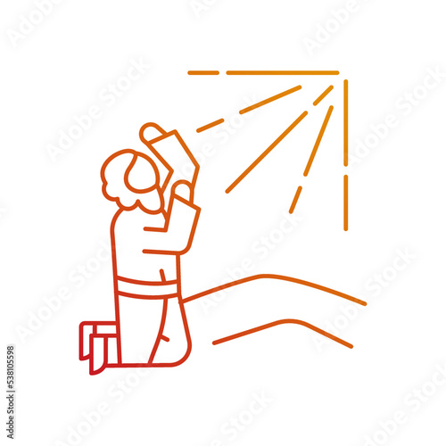 Apostle pray to holy radiance gradient linear vector icon. Saint Paul conversion. Man on knee raise hands to sky. Bible. Thin line color symbol. Modern style pictogram. Vector isolated outline drawing